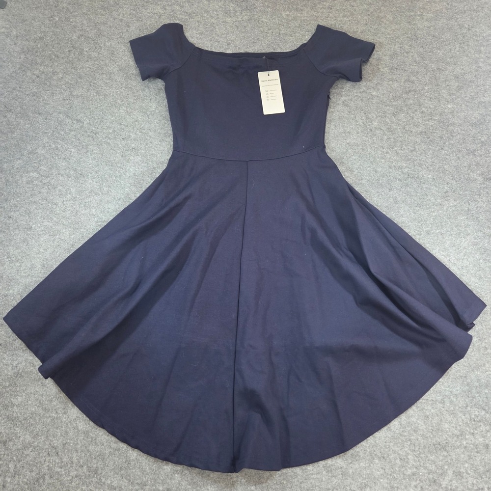 Sarin Mathews Navy Off Shoulder High Low Fit Flare Cocktail Dress Small NWT - Picture 6 of 7
